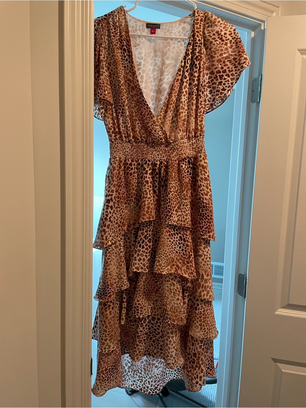 Vince Camuto Brown and Tan Leopard Print Tiered Maxi Dress